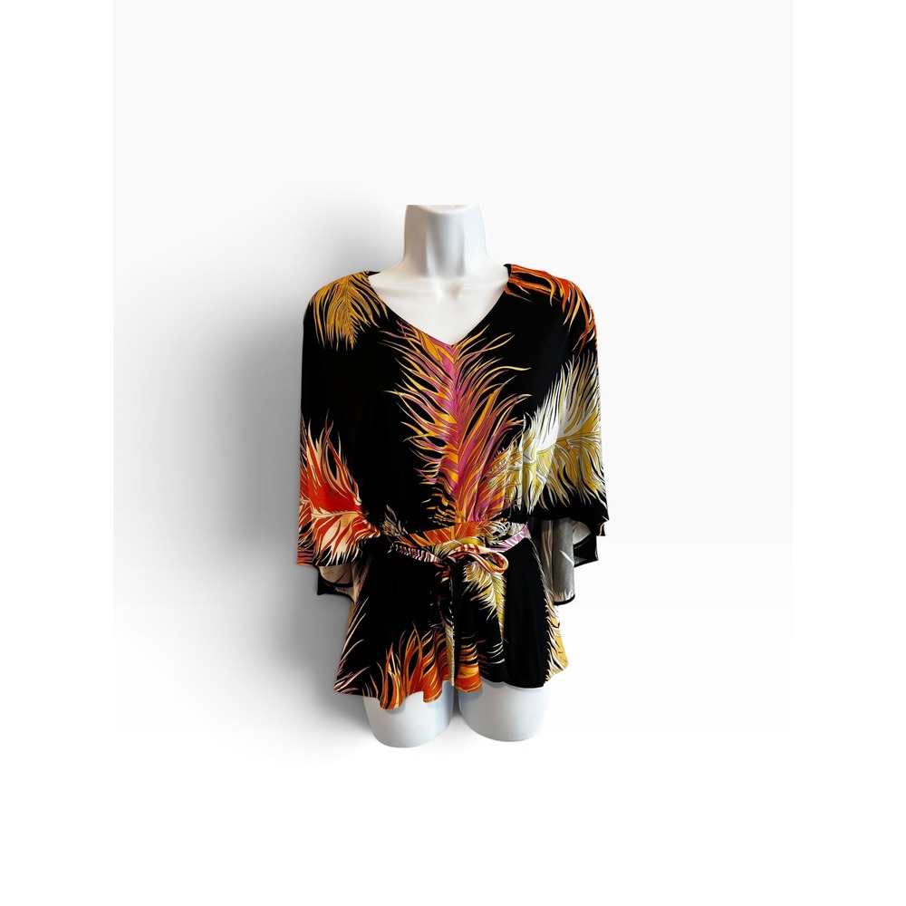Emilio Pucci Kimono Top 4 Black Orange Feather Print Silk Blend  Vintage Y2K